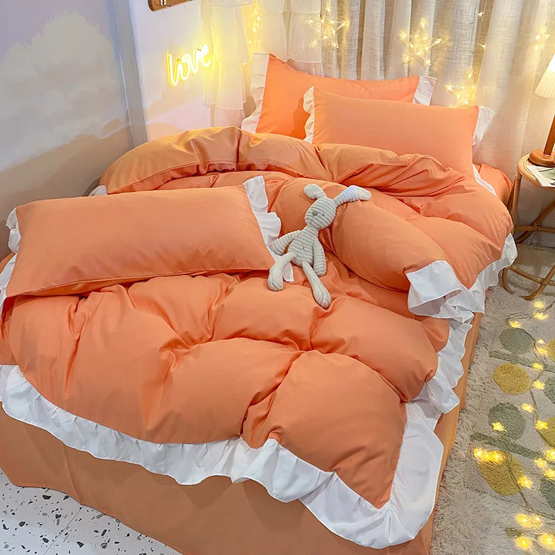 Afralia™ Cotton Ruffle Edge Duvet Cover Set - Soft, Thick, Solid Color