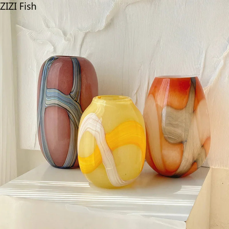 Afralia™ Striped Glass Vase Desk Decoration with Artificial Flowers