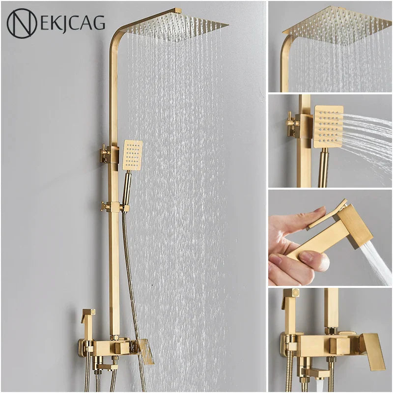 Afralia™ Brushed Gold Shower Faucet Set: Adjustable Height 4-Function Mixer Bathtub Tap