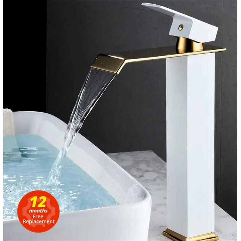 Afralia™ Gold White Waterfall Brass Bathroom Basin Faucet Mixer Tap Hot Cold Sink