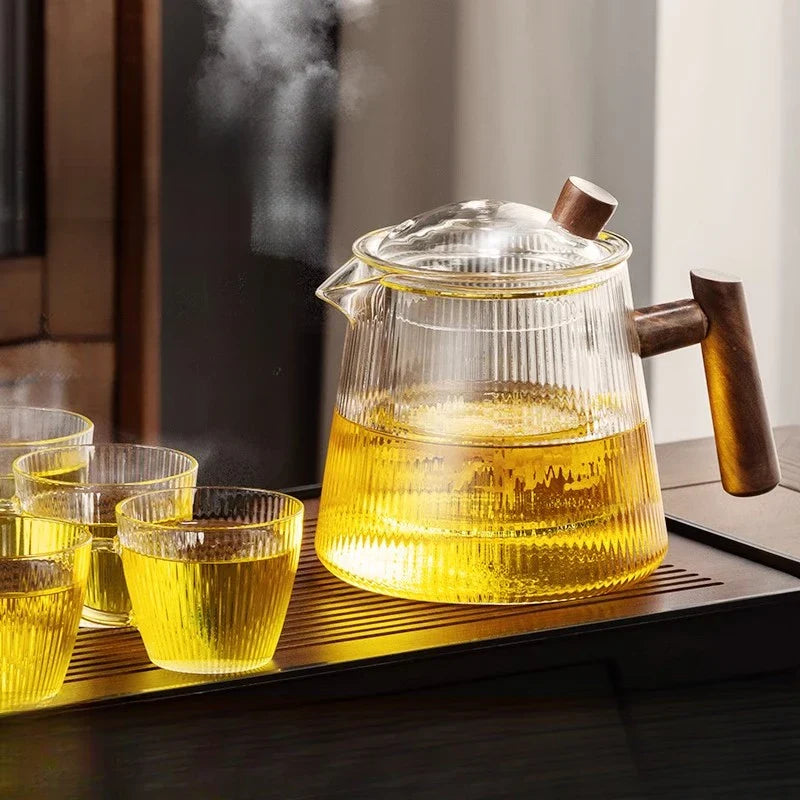 Afralia™ Glass Teapot 900ML with Wooden Handle for Puer Kung Fu Tea