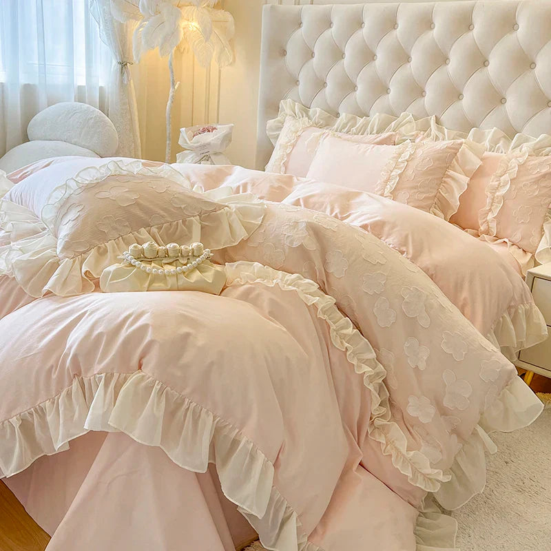 Afralia™ Princess Flowers Lace Ruffles Bedding Set: 100% Cotton Duvet Cover, Fitted Sheet, Bed Sheet, Pillowcases