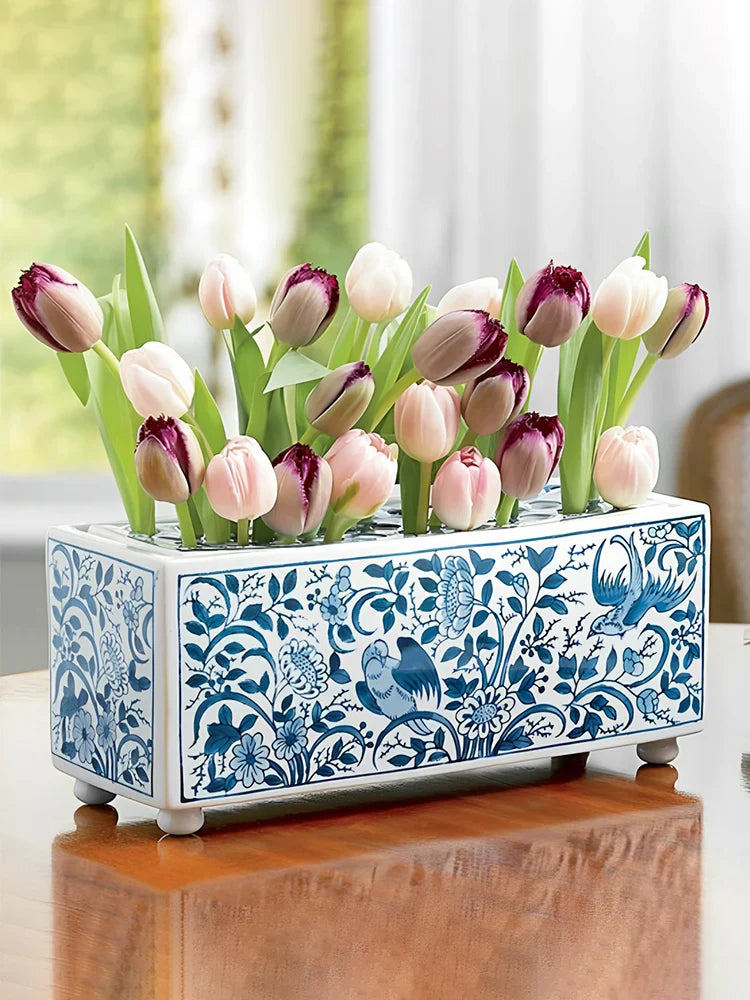 Afralia™ Blue White Porcelain Square Flowerpot Vase Chinese Retro Home Decor