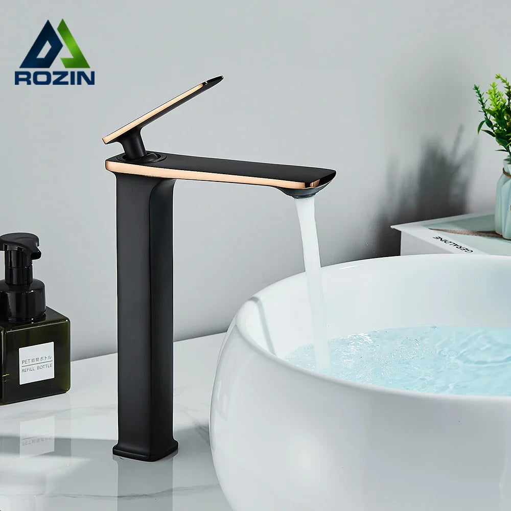 Afralia™ Black Rose Gold Basin Faucet: Modern Deck Mounted Sink Mixer Tap for Luxury Bathrooms