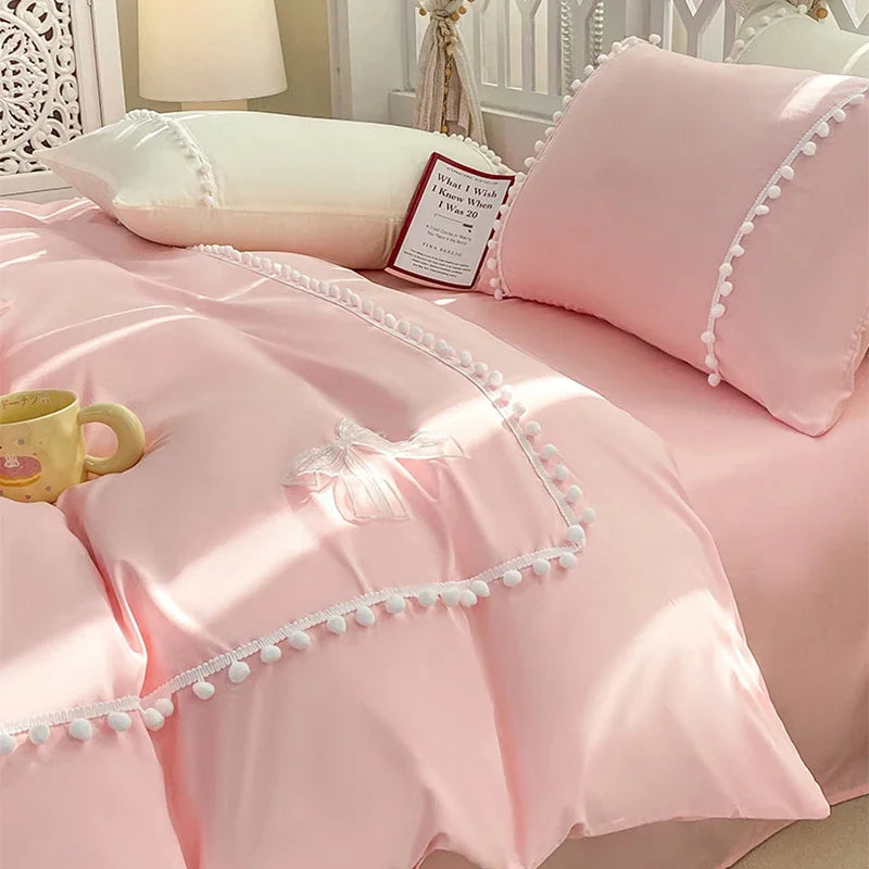 Afralia™ Pearl Lace Bowknot Princess Bedding Sets for Girl Woman Bedroom
