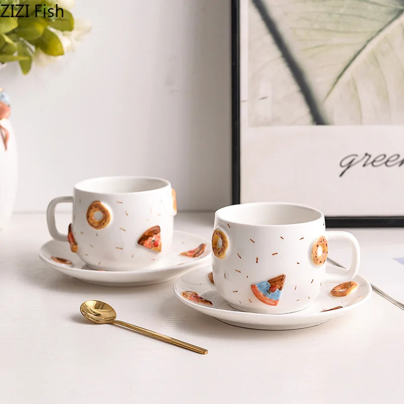Afralia™ Pizza Donut Relief Ceramic Cup & Saucer Set for Dining Table Coffee Tea Milk Juice.