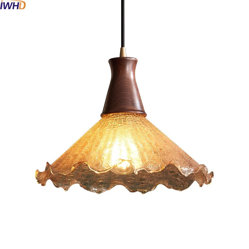 Afralia™ Wood Glass LED Pendant Lights Modern Hanging Lamp for Kitchen Living Room