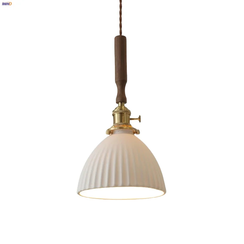 Afralia White Ceramic LED Pendant Light with Walnut Wood Accent - Modern Nordic Design