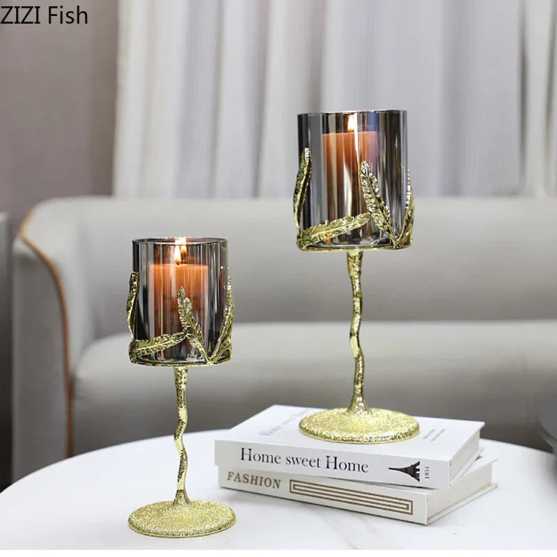 Afralia™ Golden Branches Candle Holders Metal Glass Candlestick Aroma Container