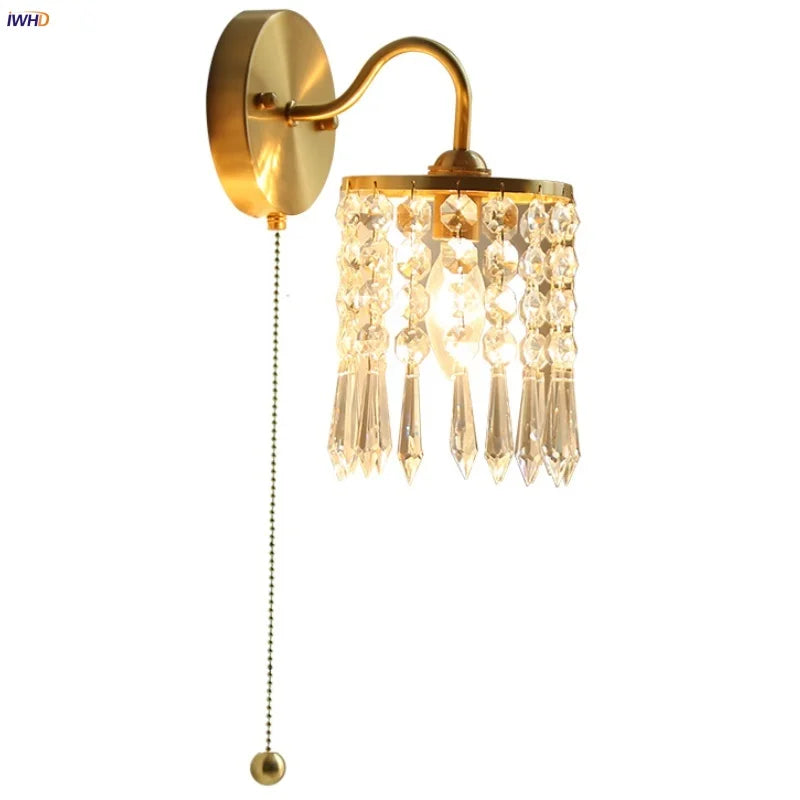 Afralia™ Vintage Crystal LED Wall Lights Pull Chain Switch Copper E14 Stair Fixtures