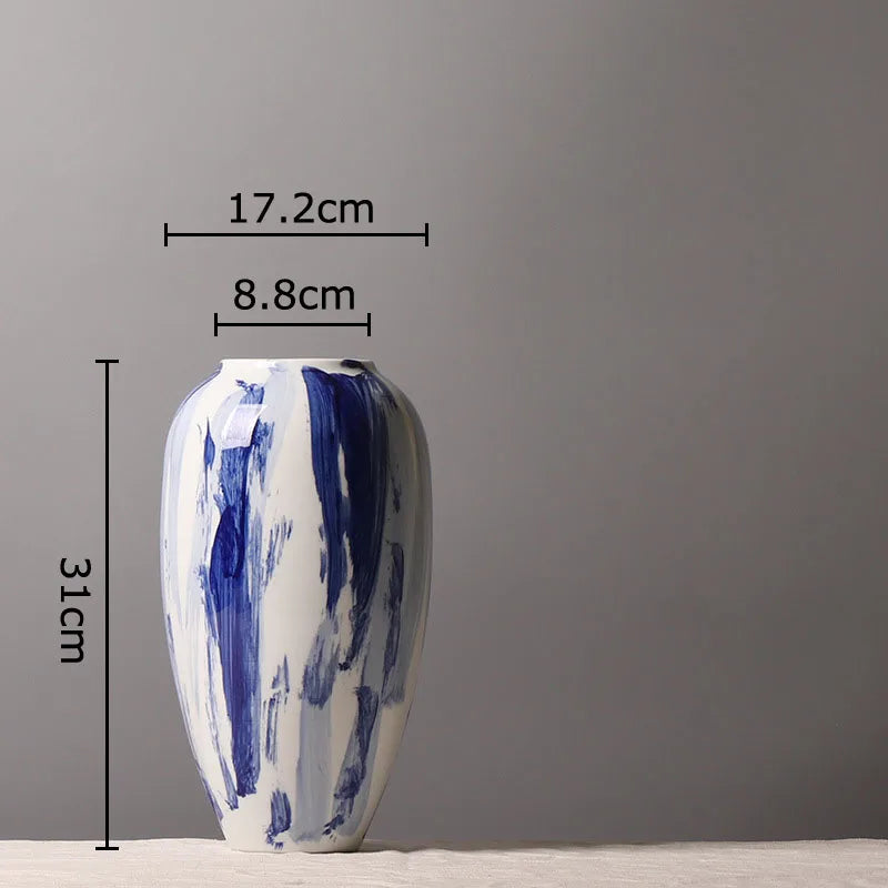 Afralia™ Blue & White Porcelain Vase: Ink Style Flowers, Aesthetic Room Decor