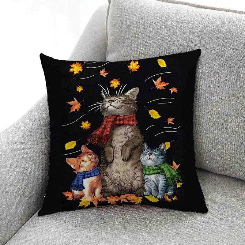 Afralia™ Cat Print Black Short Plush Pillowcase for Modern Living Room Décor