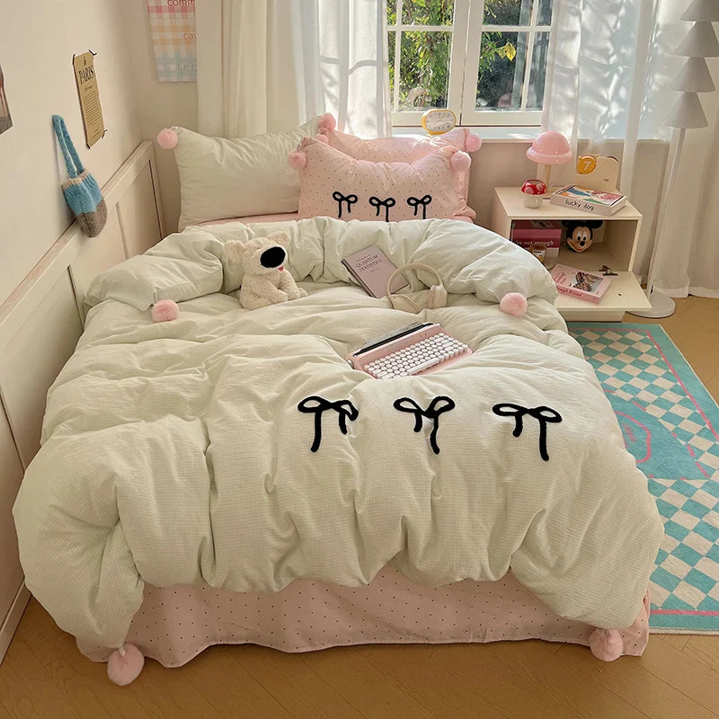 Afralia™ Korean Princess Bow Lattice Pompom Bedding Set - Single Queen Size