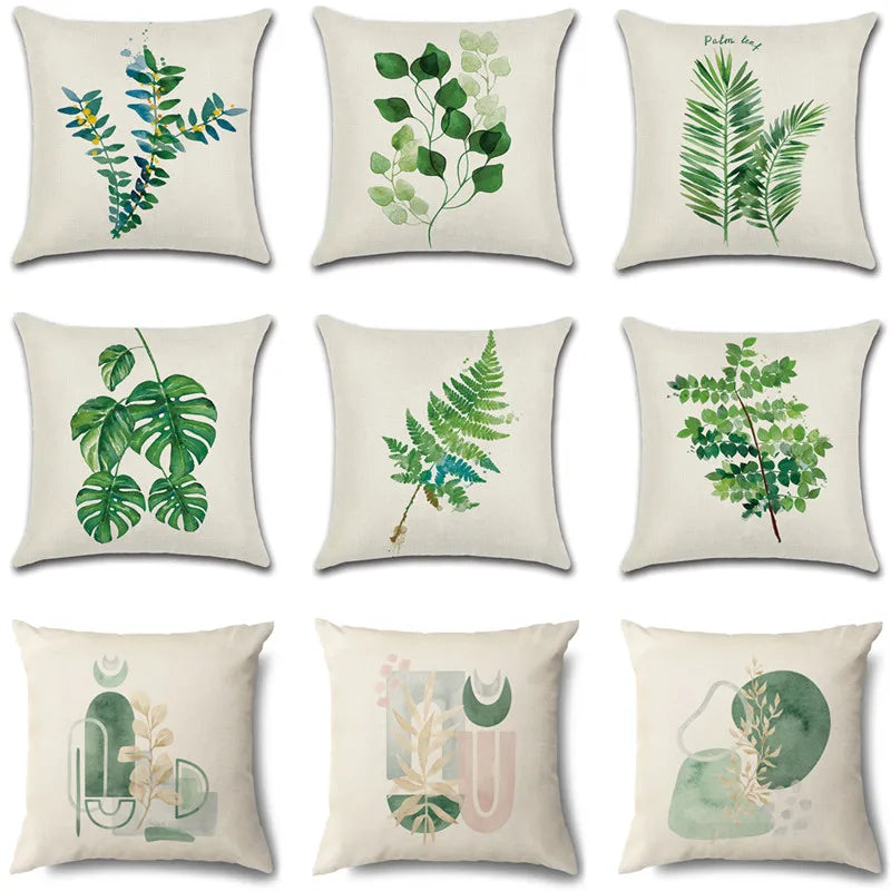 Afralia™ Green Leaves Decorative Pillow Case - Simple Style Cotton Linen Sofa Cushion Cover