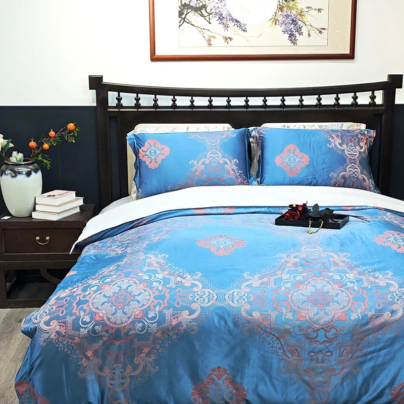 Afralia™ Blue Satin Jacquard Queen Duvet Cover Set with Sheet & Pillowcases