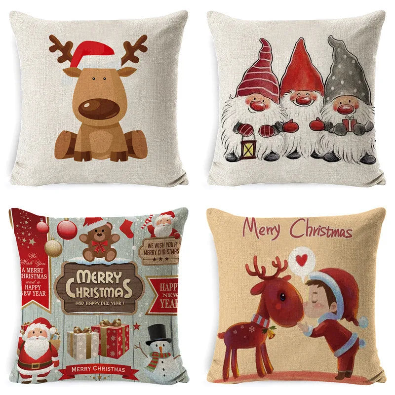 Afralia™ Christmas Deer Linen Pillow Cover 45x45cm for Home Sofa Decor