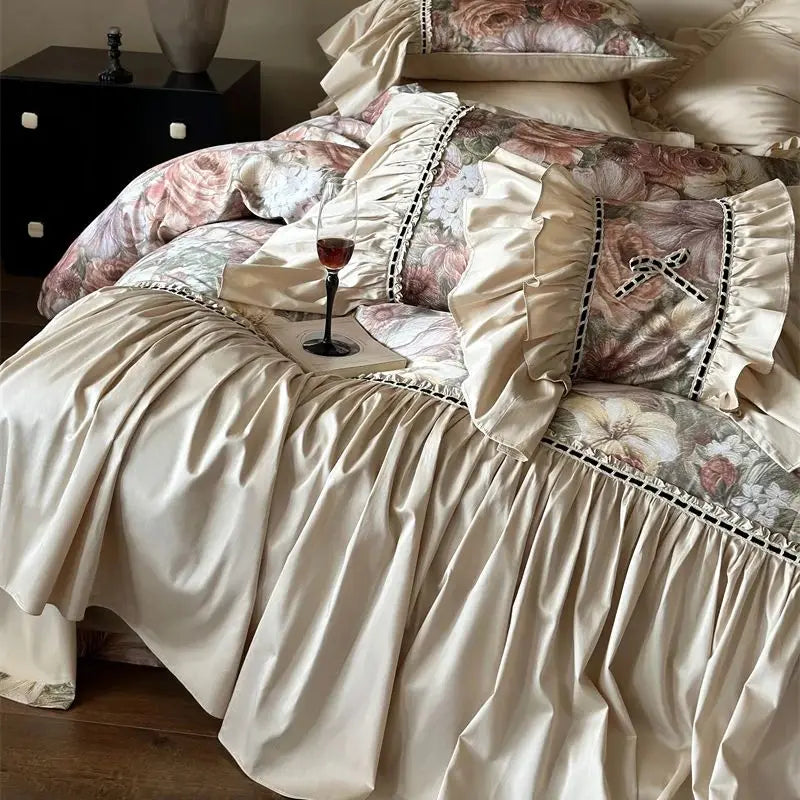 Afralia™ Vintage Floral Bedding Set with Ruffles in Egyptian Cotton, Romantic Oil Painting Style