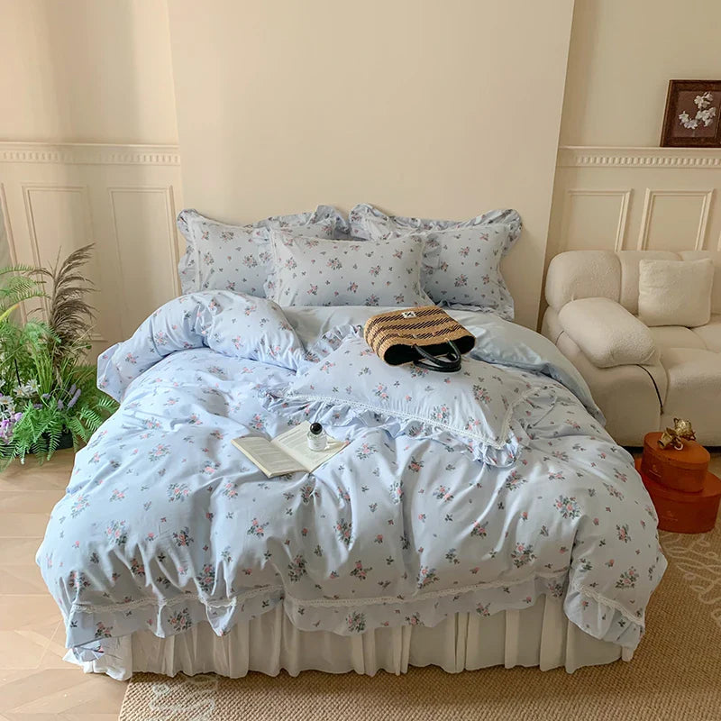 Afralia™ Lace Ruffles Floral Velvet Patchwork Duvet Cover Bedding Set