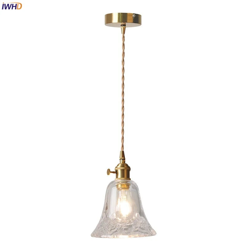 Afralia™ Flower Glass LED Pendant Lamp Brass Knob Switch Adjustable Wire Dining Room Lighting