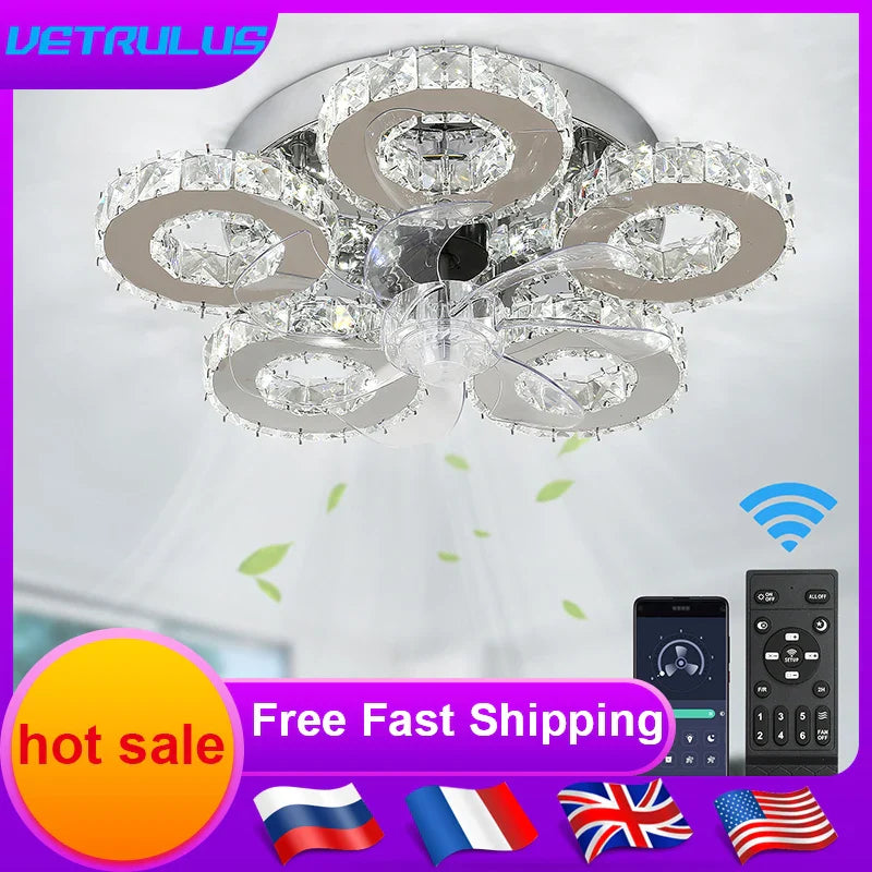 Afralia™ Smart Crystal Ceiling Fan LED Chandelier for Modern Living Dining Room