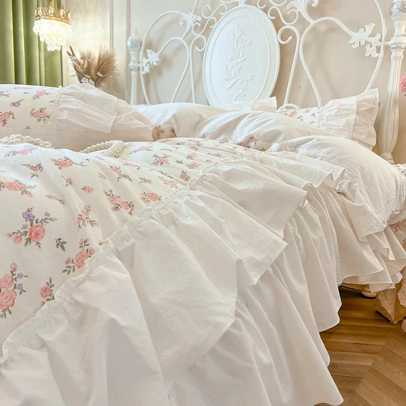 Afralia™ Cotton Floral Print Bedding Set with Pleat Lace Ruffles, 4-Piece Ensemble