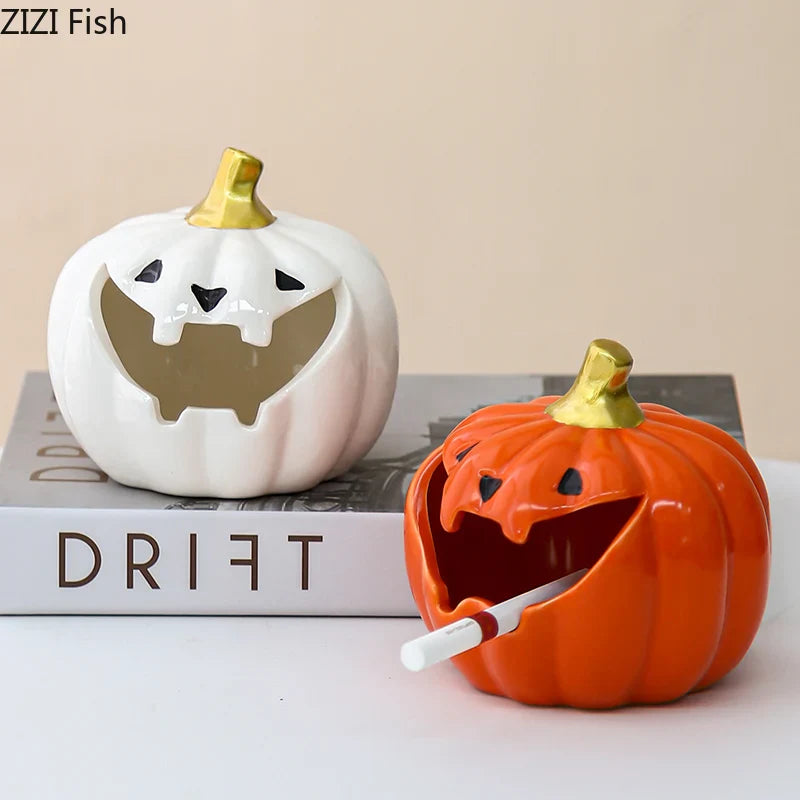Afralia™ Halloween Pumpkin Ghost Ashtray - Funny Ceramic Office Desktop Weed Ash Tray Gift