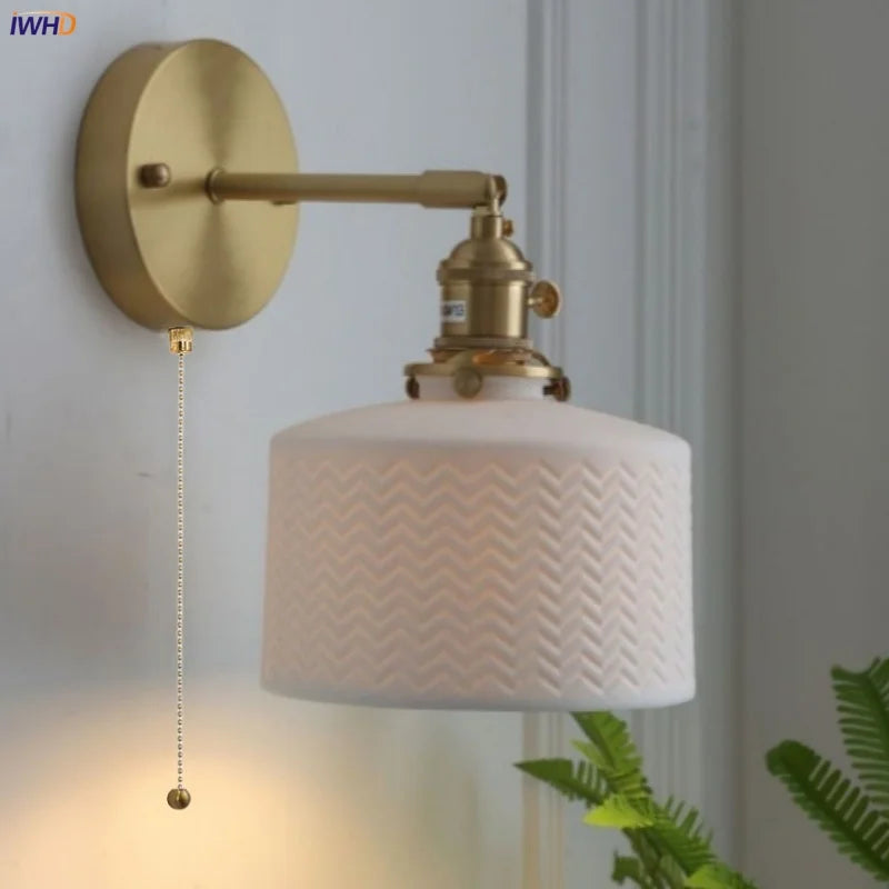 Afralia™ Copper LED Sconce Wall Lamp Pull Chain Switch Nordic Modern Ceramic Mirror Light