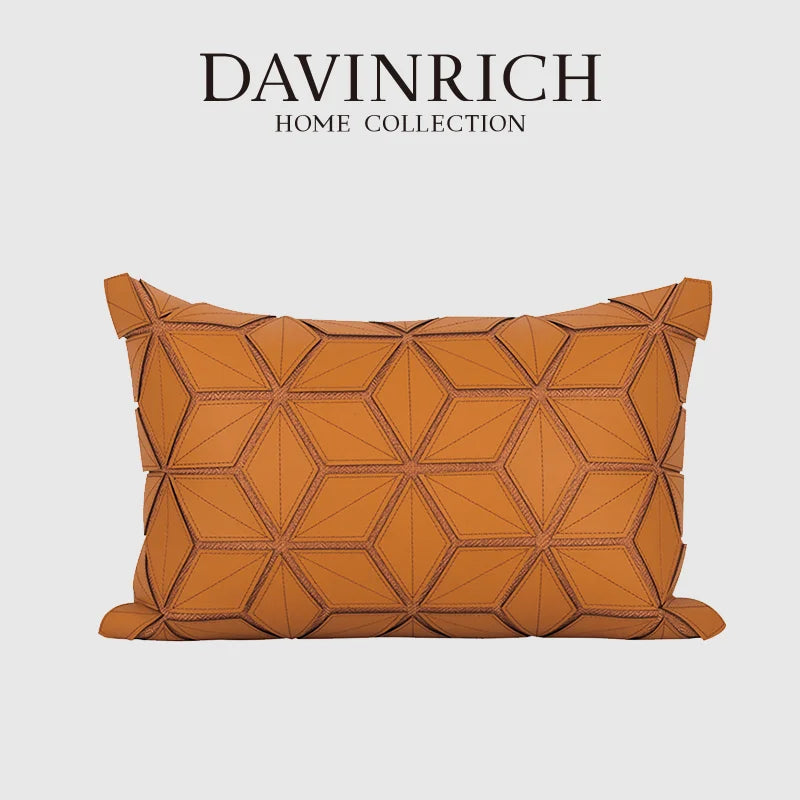 Afralia™ Dark Orange Geometric Petals Leather Patched Lumbar Pillow Cover Luxury Case