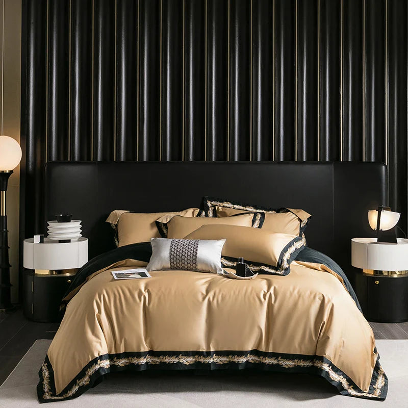 Afralia™ Luxury Jacquard Embroidery Bedding Set in Champagne Gold and Black