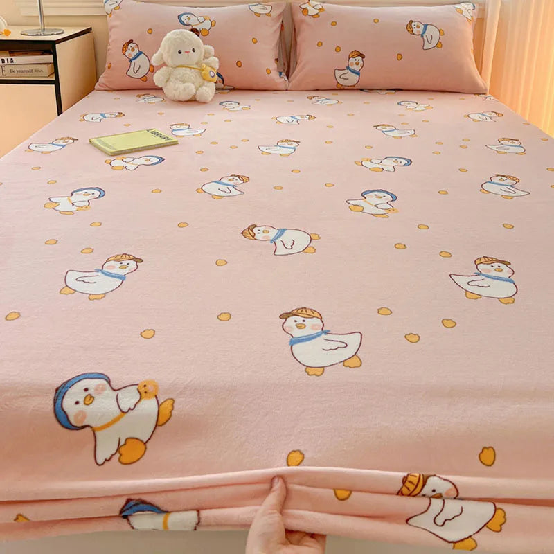 Afralia™ Milk Velvet Cartoon Printed Fitted Sheet - Cozy Plush Mattress Cover