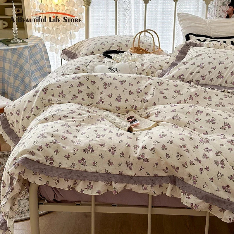 Afralia™ French Floral Print Double Layer Lace Ruffles Bedding Set