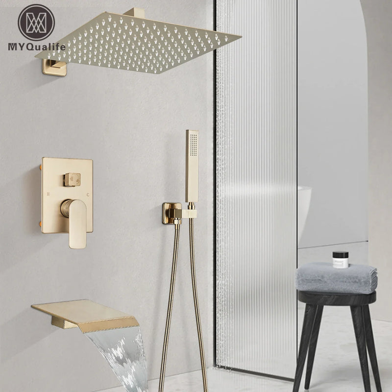 Afralia™ Brushed Gold Shower Faucet Set 2/3 Way Rainfall Bathtub Mixer Wall Mounted Box