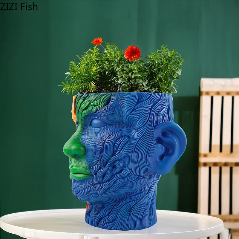 Afralia™ Colorful Human Portrait Vase Desk Decoration with Artificial Flowers