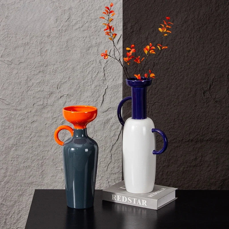 Afralia™ Geometric Semicircle Handle Ceramic Vase, Home Decor Handicraft Accessory