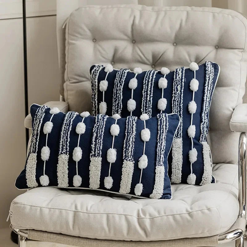 Afralia™ Navy Blue Tufted Geometric Loop Tassel Patchwork Pillow Covers for Sofa