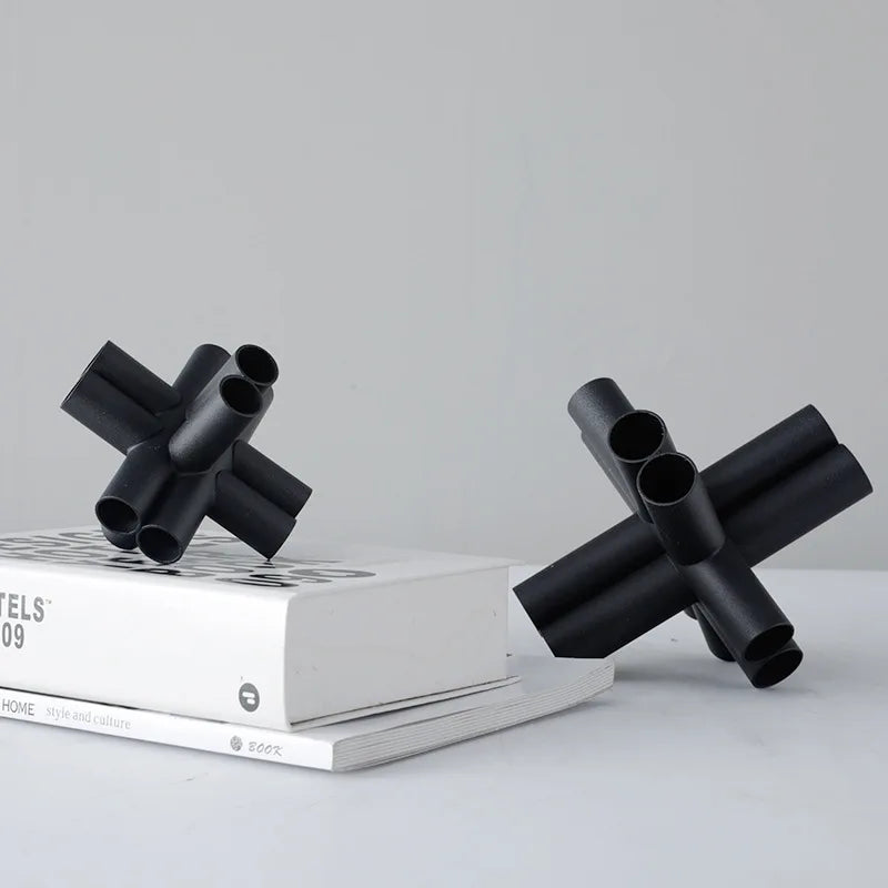 Afralia™ Geometric Pipe Cross Star Black Metal Decorative Figurines