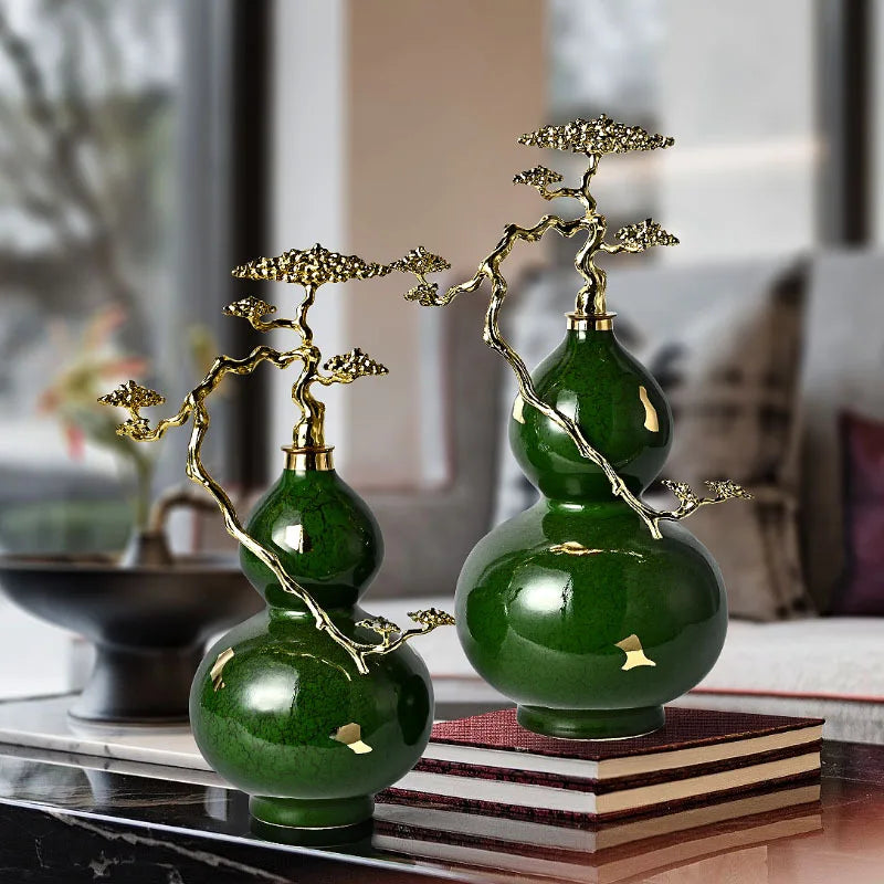Afralia™ Ceramic Gourd Feng Shui Decoration: Green Light Luxury Home Ornament