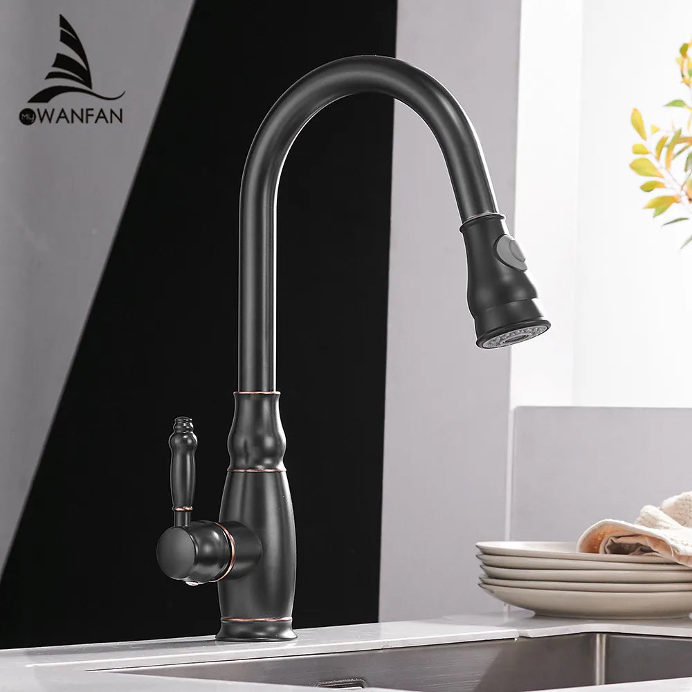 Afralia™ Gold Kitchen Sink Mixer Faucet with Pull Out Spray Head Rotation - WF-4118