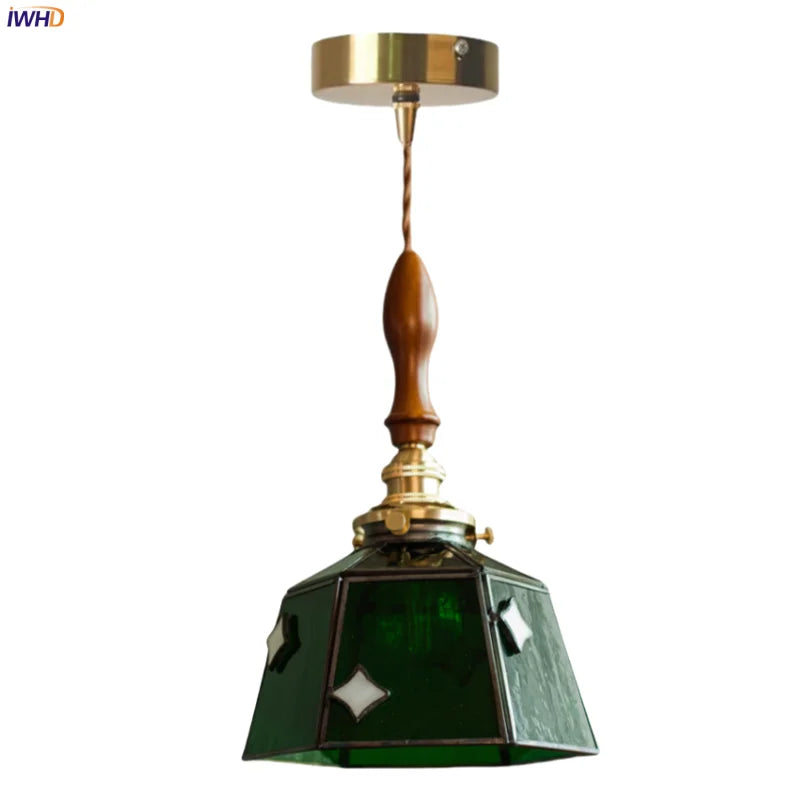 Afralia™ Vintage Glass Copper Wood LED Pendant Lights for Bedside Dining Living Room