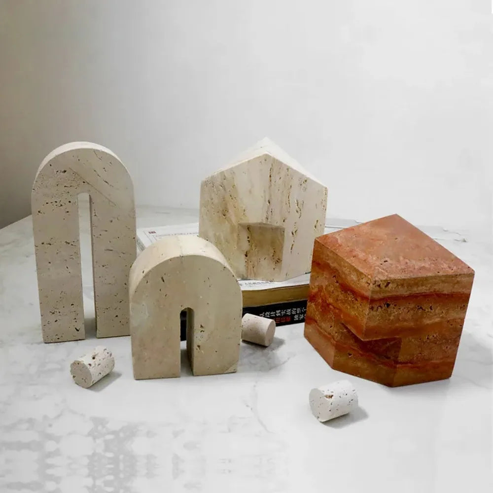 Afralia™ Luxury Beige Travertine Stone Bookends Vintage Home Decor Holder Stand
