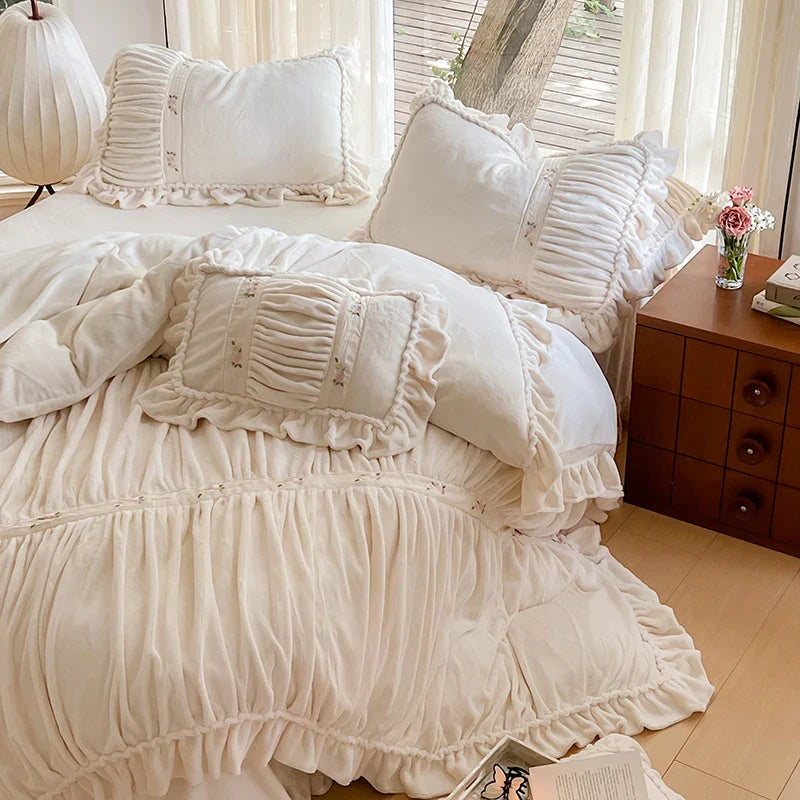 Afralia™ French Pleat Lace Ruffles Bedding Set, Velvet Fleece Duvet Cover, Embroidered Flowers