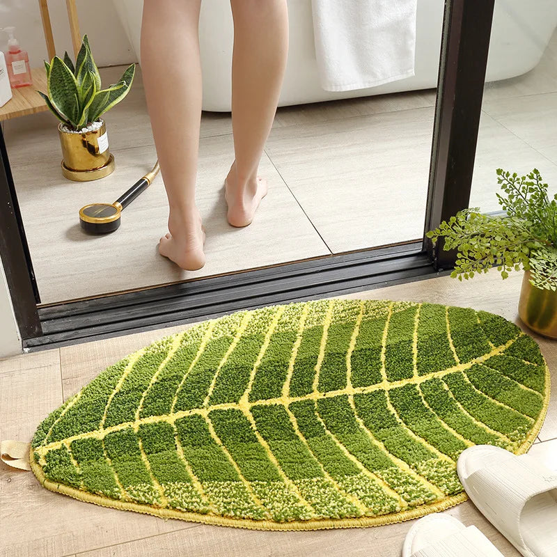 Afralia™ Flocked Leaf Bathroom Rug Thicken Super Absorbent Anti-Slip Bath Mat