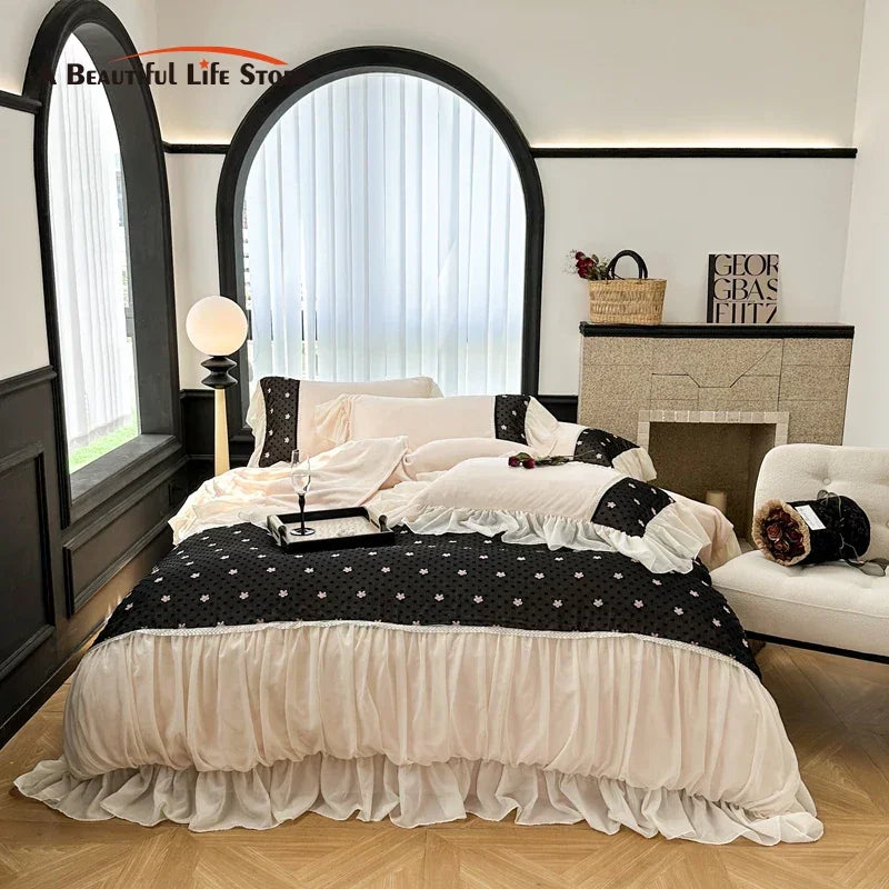 Afralia™ Princess Velvet Fleece Bedding Set with Romantic Ruffles, Queen/King, 4Pcs