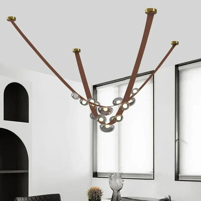 Afralia™ Modern LED Leather Strap Ceiling Pendant Light for Living Room Dining Chandelier