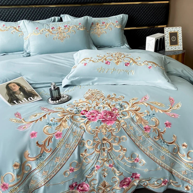 Afralia™ Exquisite Flowers Embroidery Bedding Set: Queen King Duvet Cover, Sheet, Pillowcases