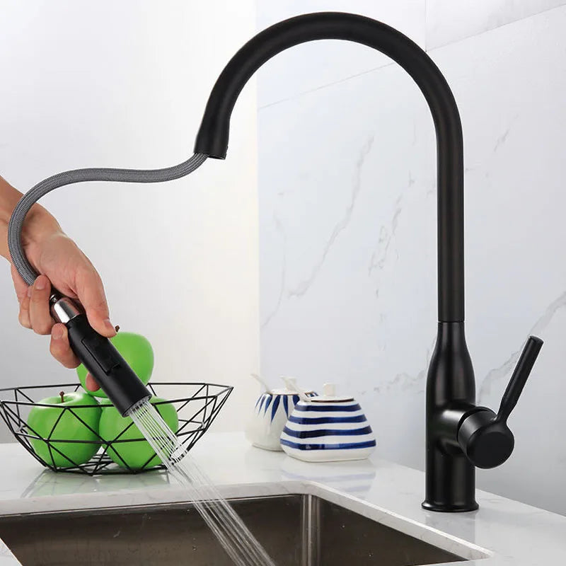 Afralia™ Pull Down Single Handle Kitchen Faucet in Sleek Black and Chrome Brushed Finish