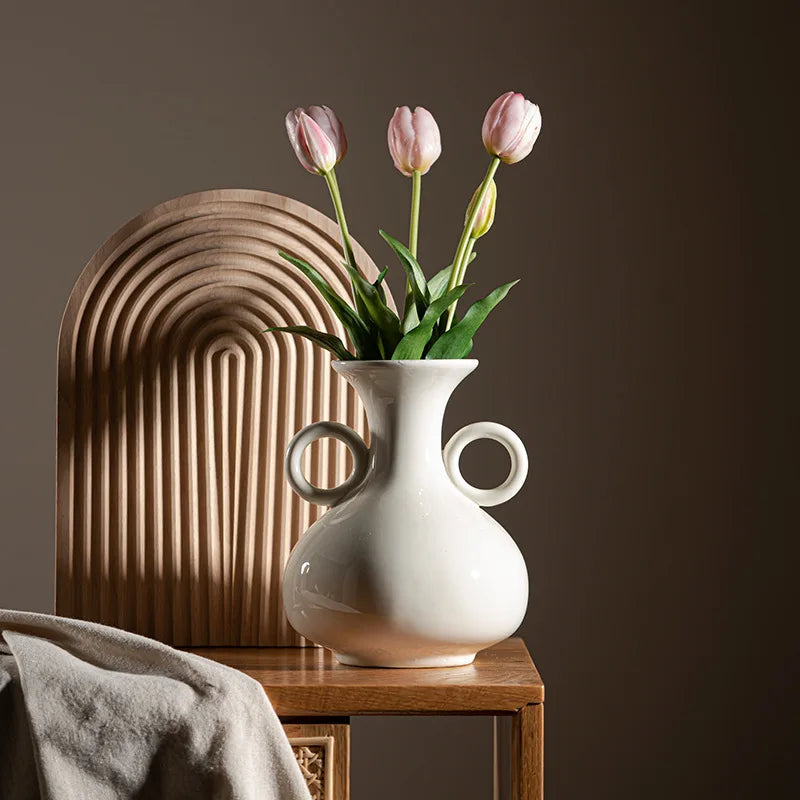 Afralia™ Teapot Ceramic Vase Double-eared Pot Home Decor Flower Arrangement White Porcelain