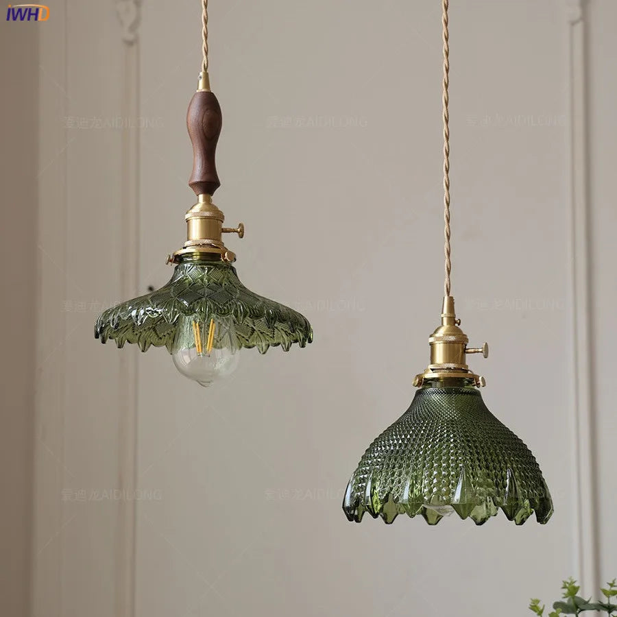 Afralia™ Green Glass LED Pendant Lamp with Copper Wood Handle for Modern Nordic Home Decor