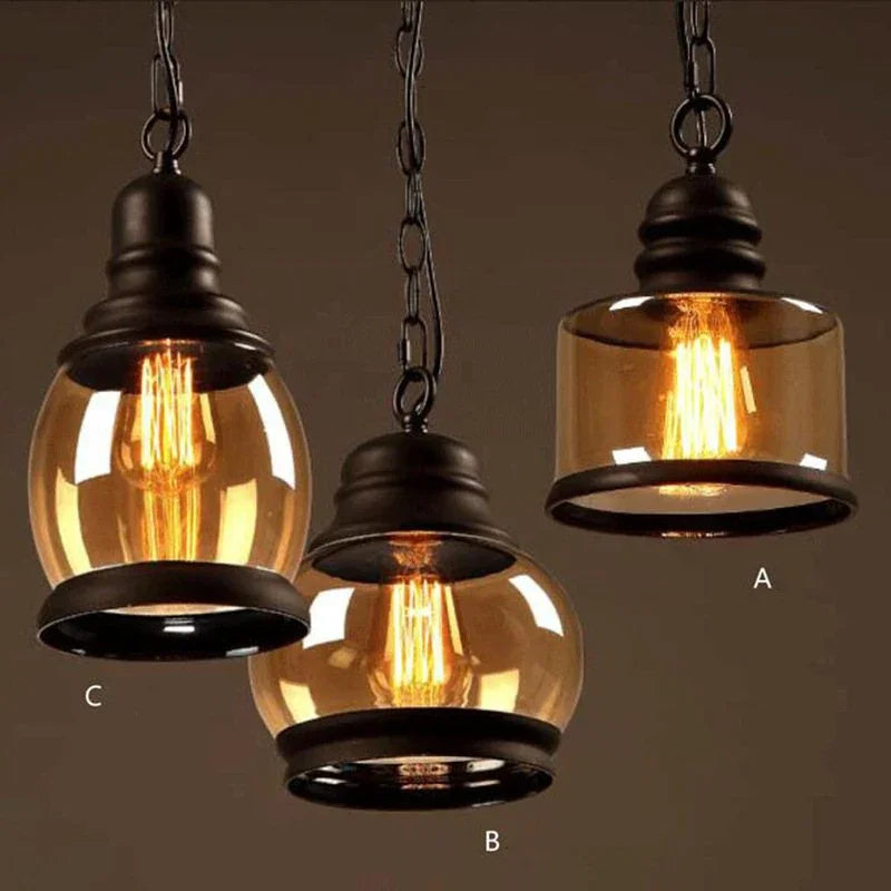 Afralia™ Vintage Industrial Iron Chandelier E27 Pendant Light with Amberglass