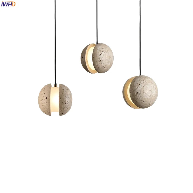 Afralia™ Yellow Travertine Stone LED Pendant Lights for Kitchen Living Room, Japanese Vintage Design